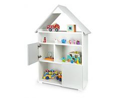 leomark libreria con 6 scomparti, dim. 80 x 32 x 117 cm, CAPANNA PICCOLA, casa delle bambole, bianco e grigio, armadio per bambini, per cameretta, scuola e asilo, libreria moderna