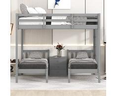 Moimhear 140 x 200 cm, oltre 70 x 140 cm, letto a soppalco 3 in 1 con comodino, grigio