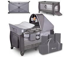 LIONELO Sven Plus 2in1 Box bambini dalla nascita fino a 15kg Lettino pieghevole con Fasciatoio baldacchino, Giocattoli Pendenti, Ingresso laterale aggiuntivo, Sistema LockGuard, Zanzariera e Rotelle