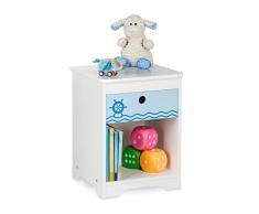 Relaxdays Comodino da Letto per Bambini, Design Mare, Cassetto e Scomparto, HLP 41x32x31 cm, Cameretta Bimbi, Bianco Blu, 100% Fibra di Legno