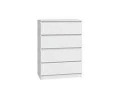 ADGO Malwa M4 Comò con 4 Cassetti 40x70x97 cm, Scaffale per Vestiti, Armadio Classico con Ripiani per Camera da Letto, Corridoio, Soggiorno, Cameretta dei Bambini, Autoportante, Salvaspazio, Bianco