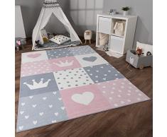 Paco Home Tappeto Bambini Cameretta Bambina Ragezzi Antiscivolo Arcobaleno Cuore Polkadot, Dimensione:80x150 cm, Colore: Crema Rosa Grigio