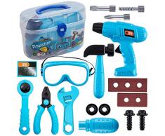 HERSITY Cassetta Attrezzi Giocattolo, 18 Pezzi Attrezzi Bambini con Trapano Elettrici Cacciavite Cassetta Lavoro, Gioco di Ruolo Regalo per Bambini Ragazzo Ragazza 3 4 5 Anni