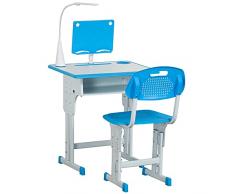 homcom Banco Scuola con Sedia per Bambini 6-12 Anni Altezza Regolabile, Lampada LED, Leggio e Portapenne, Acciaio e MDF, Blu