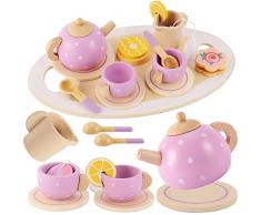 AOLEVA Set da Tè Giocattoli in Legno, Accessori Cucina Bambini, Servizio da Tè con Teiere, Vassoio, Gioco di Imitazione Regalo per Bambini 3 4 5 Anni, Viola