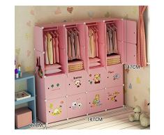 Bambini Guardaroba Organizzatore, Portatile in Resina Camera da Letto Armoire Carino Cartone Animato Armadio Cubo Modulare per Bambini Dresser-Rosa L147×w47×h147cm