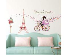 ufengke Adesivi Murali Ragazza Bicicletta Adesivi Muro Fiori Torre Eiffel per Camera da Letto Bambini Soggiorno Asilo Nido Decorazioni Parete
