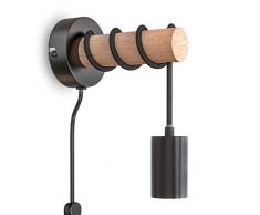 B.K.Licht Lampada da parete retrò in metallo e legno, interruttore sul filo, lampadina E27 non inclusa, applique vintage, design industriale, ideale per ambienti rustici e moderni, IP20