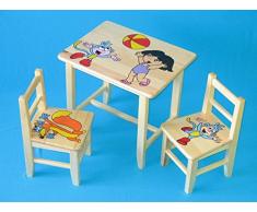 IPP Set in legno tavolino con 2 sedie per cameretta bambini. M8. Ottima idea regalo.Completo in pino con disegno a mano. DORA.
