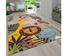 Paco Home Tappeto per cameretta per Bambini a Pelo Corto con Animali e Motivi Tropicali, Dimensione:80x150 cm, Colore:Beige