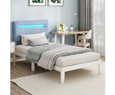 Letto in legno, letto singolo, testiera imbottita con striscia luminosa a LED in 7 colori, letto per ragazzi, letto per adulti, telaio in pino (bianco, 90 x 200 cm)