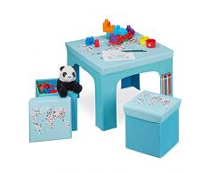Relaxdays Bambini, Sgabelli Portaoggetti Pieghevoli, Tavolo Basso Cameretta Mappamondo, Azzurro, Set 1x tavolino + 2X sedie