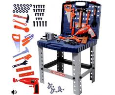 deAO Attrezzi da Lavoro per Bambini Integrato in Una Valigetta - Banco Tavolo di Lavoro con Accessori Incussi e Trapano a Batteria