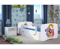 Bjird Letto per Bambini Singolo Bianco 140x70 160x80 180x80 con sponda anticaduta con barriera cassettone Estraibile e Telaio a doghe per Bambini e Bambine - Zoo - 80 x 180 cm
