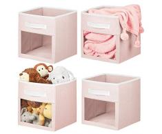 mDesign Set da 4 Scatole Porta Giocattoli o Indumenti - Contenitore portaoggetti di Forma cubica con Manico e Finestra Trasparente - Scatola Armadio Pieghevole in Tessuto - Rosa Chiaro/Bianco