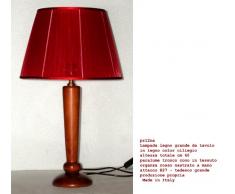 Lampada da tavolo o scrittoio in legno colore ciliegio; altezza cm60 con paralume modello tronco di cono diametro 35 in tessuto organza rosso nastrato a mano; attacco E27 tedesco grande; produzione propria - made in Italy