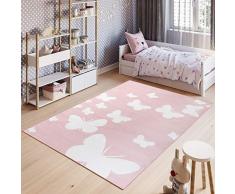 TAPISO Pinky Tappeto Gioco Bambini Pelo Corto Design Moderno Motivo Astratto Farfalle Bianco Rosa Sicuro Oeko-Tex Morbido Cameretta Stanza Ragazzi Camera Bambina 80 x 150 cm