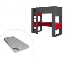 Vente-unique - Letto a soppalco Gamer + Materasso + scrivania con LED e vani integrati 90 x 200 cm Antracite e Rosso - Noah