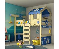 WICKEY Letto a soppalco CrAzY Jelly Letto per bambino con tetto Letto da gioco 90x200 per bambini con rete a doghe e gru, blu