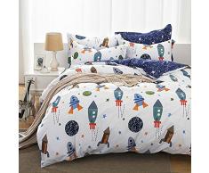 Qucover Copripiumino Singolo Bambino Cotone 135x200cm/ 80x80cm, Set di Biancheria da Letto per Bambini, Modello di Razzo Astronave Stelle Pianeti, Colore: Blu & Binaco