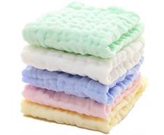 Set di 5 salviette in cotone con mussola per neonato - Salviettine per neonati in mussola naturale, asciugamano morbido per neonato, regalo per bambino (azzurro, rosa, giallo, bianco, verde)