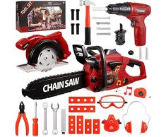 Amenvtool Attrezzi Giocattolo Bambini, 36 Pezzi Cassetta Attrezzi da Lavoro Costruzioni con Motosega Giocattolo, Trapano Elettrico, Gioco Dimitazione Regalo Bambino Ragazzi Ragazze 3 4 5 6 7+ Anni