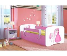 Letto per Bambini Singolo Rosa 140x70 160x80 180x80 con sponda anticaduta con barriera con Materasso cassettone Estraibile per Ragazza - Principessa e cavallo - 180x80