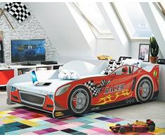 Lettino Macchina Cars 160x80, Lettino per Bambini e Ragazzi, Materasso in Spugna compreso nel Prezzo. (Rosso)
