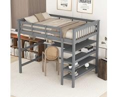 Azkoeesy Letto a soppalco 140 x 200 cm con scrivania/protezione dalle cadute/4 ripiani/scala/rete a doghe – Telaio in legno di pino, max. 200 kg (grigio)