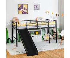 LIFEZEAL Letto a Castello per Bambini, Letto a Soppalco con Scivolo, Scaletta, 198x96x109 cm, Struttura di Letto Singolo con Barre Anticaduta, in Acciaio, Max 150 kg, per Cameretta, Sicuro, Nero