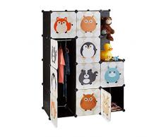 Relaxdays Scaffale Componibile per la Cameretta dei Bambini, Immagini di Animali, con Ante e Bastone Appendiabiti, Multicolore, HxLxP: 145 x 110,5 x 46,5 cm