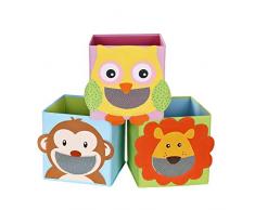 SONGMICS Set di 3 Scatole Portaoggetti, Scatole per Giocattoli, Portagiochi a Cubi Pieghevoli, per Soggiorno, Camera di Bambini, Giochi, 27 x 27 x 27 cm, Motivi di Animali, Multicolore RFB01KU