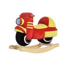 HOMCOM Dondolo per Bambini 18-36 Mesi a Forma di Moto in Legno e Peluche Rosso e Giallo, Suoni Realistici, Max. 40kg