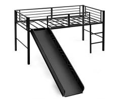 Giantex Letto a Soppalco per Bambini con Scivolo E Protezione Anticaduta e Scaletta, Struttura Letto in Metallo 96x198x109cm, Letto a Castello con Rete a Doghe, Fino a 150 kg (Nero)