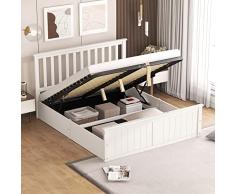 Moimhear Letto matrimoniale in legno con rete a doghe e contenitore per bambini, ragazzi, adulti, facile da montare, 140x200cm (Bianco)