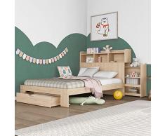 KecDuey Lettino per bambini con cassetti e libreria, in legno massello con rete a doghe, per ragazzi e adulti, 90 x 200 cm, naturale (90 x 200 cm)