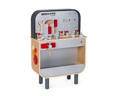 Janod - Banco da Lavoro Reverso BricoKids - 28 Accessori - Grande Banco Lavoro Bifacciale - Officina Davanti, Rampe con 2 Macchinine Sul Retro - Giocattolo Imitativo Bricolage da 3 a 8 Anni, J06476