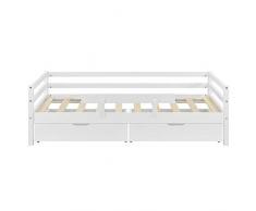 Letto per Bambino/Gioventú/Ragazzi con 2 Cassetti Portabiancherie 90x200 cm Lettino in Legno di Pino con Corrimano Laterale - Bianco