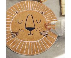 Tappeto a pelo corto, rotondo, ø 60 cm, marrone giallo, motivo testa di leone, per cameretta dei bambini, moderno, super morbido, piccolo, tappeto per la cameretta dei bambini