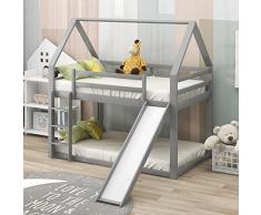 Lettino per bambini, 90 x 200 cm, letto a castello con 2 posti letto, rete a doghe, scala e scivolo, letto in legno di pino, con protezione anti-caduta (grigio, 90 x 200 cm)
