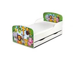Leomark Letto per bambini in legno, cassetto e materasso, rete a doghe, mobili per bambino, magnifiche stampe, dimensioni del materasso 140 x 70 cm, colore bianco con motivo: ANIMALI ZOO