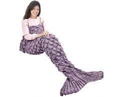 eCrazyBaby Coperta a Coda di Sirena indossabile, Tutte Le Stagioni Caldo Coperte da Letto a Maglia Divano Soggiorno Trapunta per Bambini e Adulti, Modello a Squame di Pesce, 180 x 90 cm, Viola Chiaro