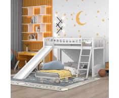 Moimhear Letto a castello 90 x 200 cm con scivolo, letto basso in pino massiccio con rete a doghe (bianco)