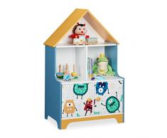 Relaxdays Scaffale Portagiochi, Motivo Mostri, Cameretta Bambini, 5 Scomparti, Casetta, HLP: 100x63,5x40 cm, Multicolore, 100% Fibra