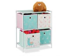 Relaxdays Scaffale per Giocattoli con 4 Scatole, per Bambini & Bambine Design-Lama Armadio HLP 62x53x30 cm, Multicolore, Vello, Ferro, plastica, 62 x 53 x 30 cm