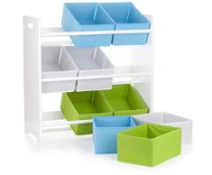 Bambini Mensola Scatole Libreria Giocattolo,Colore Bianco Mensola con Nove Scatole, Scaffale da Bambino con raccoglitori in Legno per Libri Giocattoli