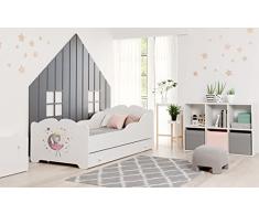 KOBI Letto per Bambini con Sponde ANNA | Bianco Principessa Addormentata Lettino Bambina con Cassetto | 160 x 80 CM | Lettino Bambino con Materasso | Lettini per una Ragazza | Letto Bimbo Singolo