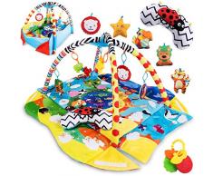 LIONELO Anika 2 in 1 Palestrina neonato box bambino per neonati con cuscino per la pancia due archetti giochi pendenti libricino interattivo corda con sonagli (Blu-Giallo)