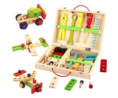 TONZE Cassetta Attrezzi Bambini Giocattolo Giochi Bambini 3 Anni,Attrezzi Bambini Giochi di Legno Attrezzi Giocattolo Bambini Costruzioni Montessori Regalo Gioco Bambino 2 3 4 5 6 Anni (35 Pezzi)