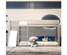Moimhear Lettino per bambini 90 x 200 cm, con rete a doghe, scivolo e scaffale, letto a castello in legno di pino con scala e protezione dalle cadute (254 x 154 x 133 cm) (grigio)